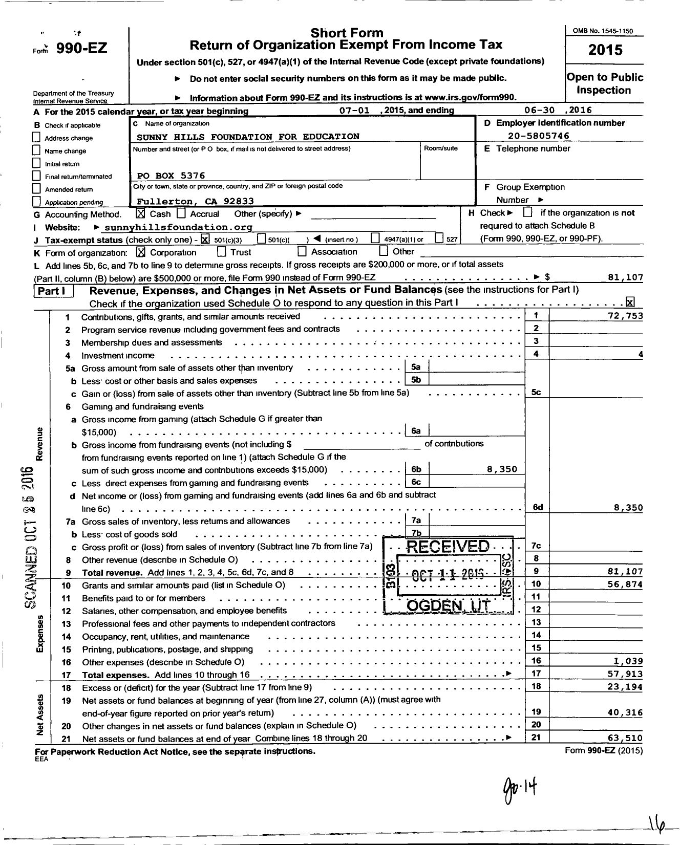 Image of first page of 2015 Form 990EZ for Sunny Hills Foundation for Education