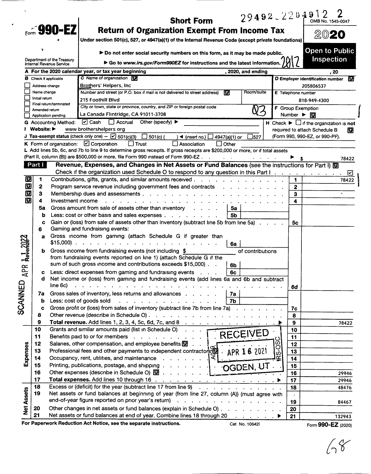 Image of first page of 2020 Form 990EZ for Brothers Helpers