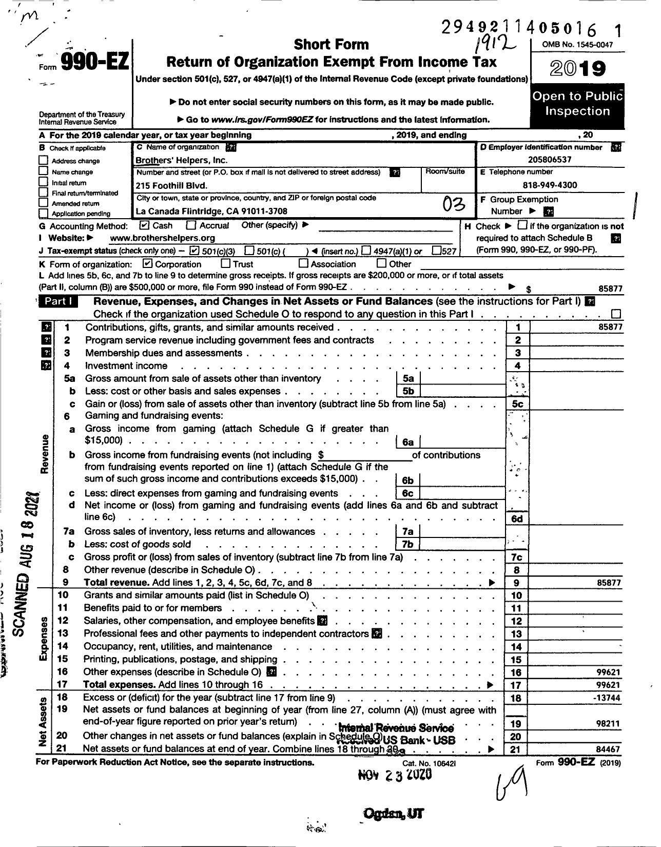 Image of first page of 2019 Form 990EZ for Brothers Helpers