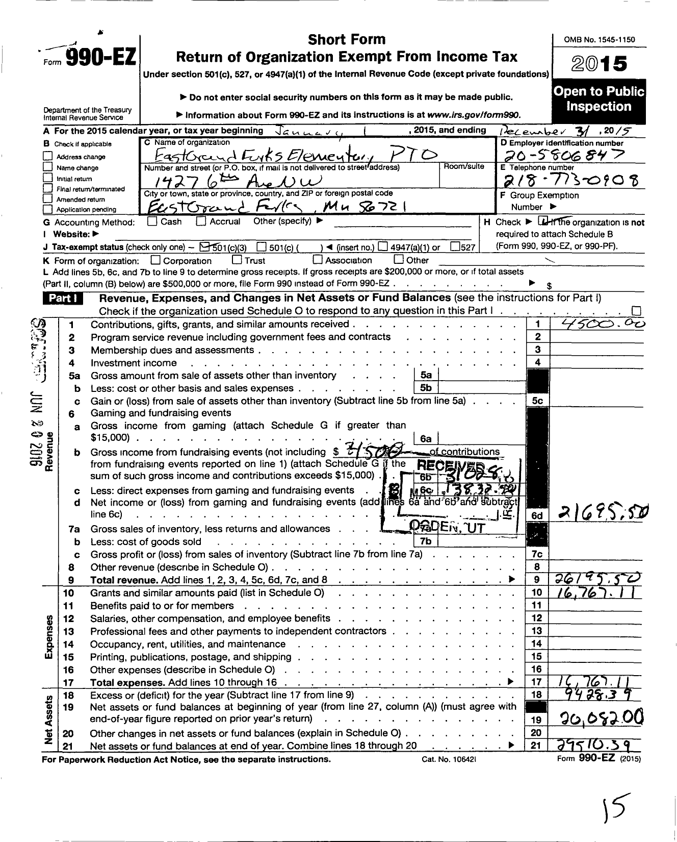 Image of first page of 2015 Form 990EZ for East Grand Forks Elementary Pto Organization