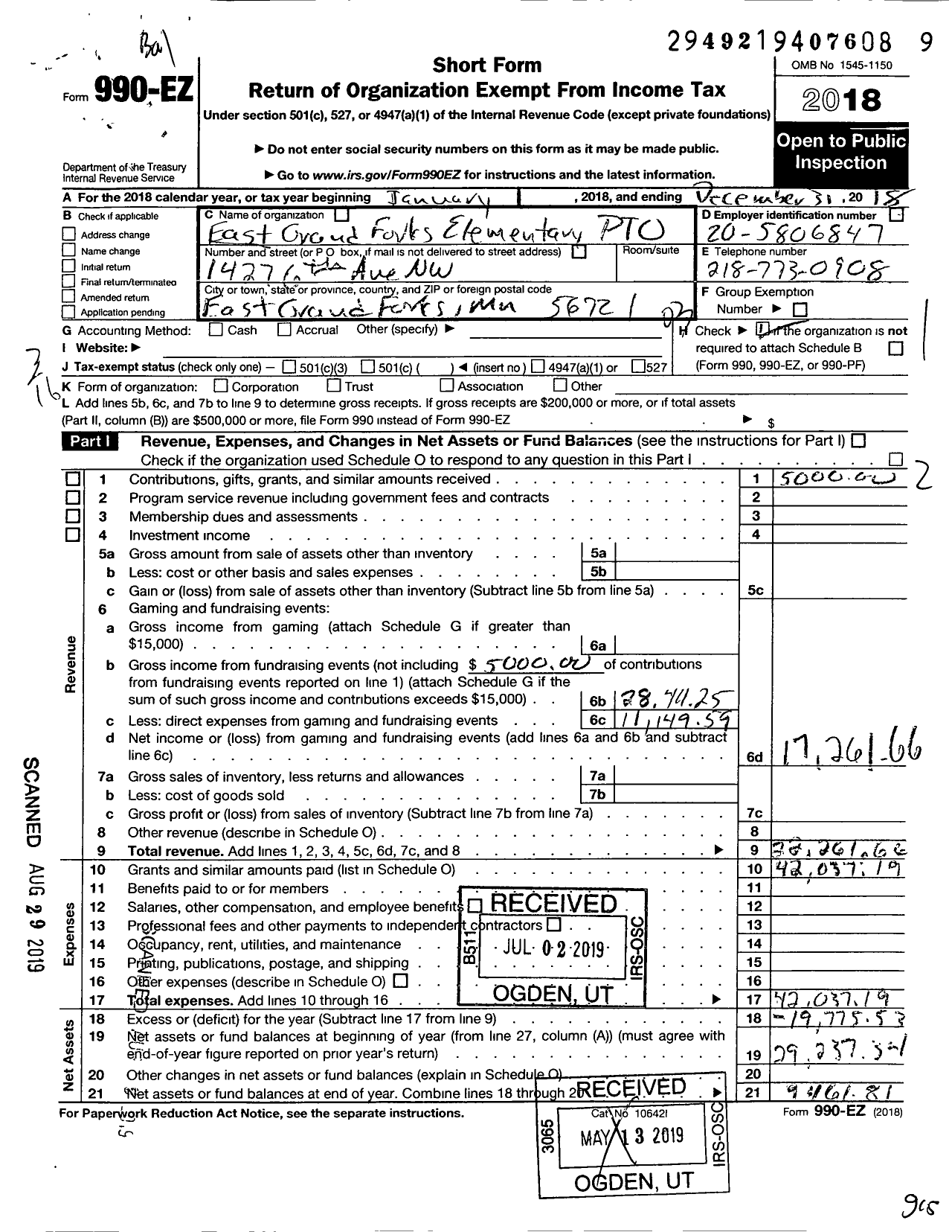 Image of first page of 2018 Form 990EZ for East Grand Forks Elementary Pto Organization