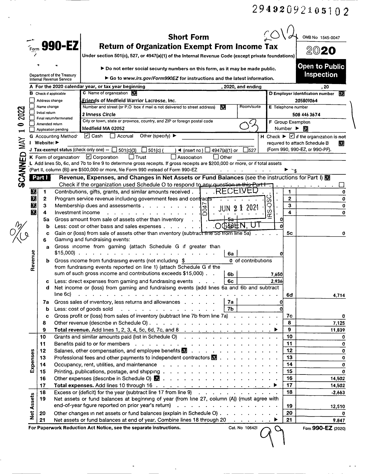 Image of first page of 2020 Form 990EZ for Friends of Medfield Warriors Lacrosse