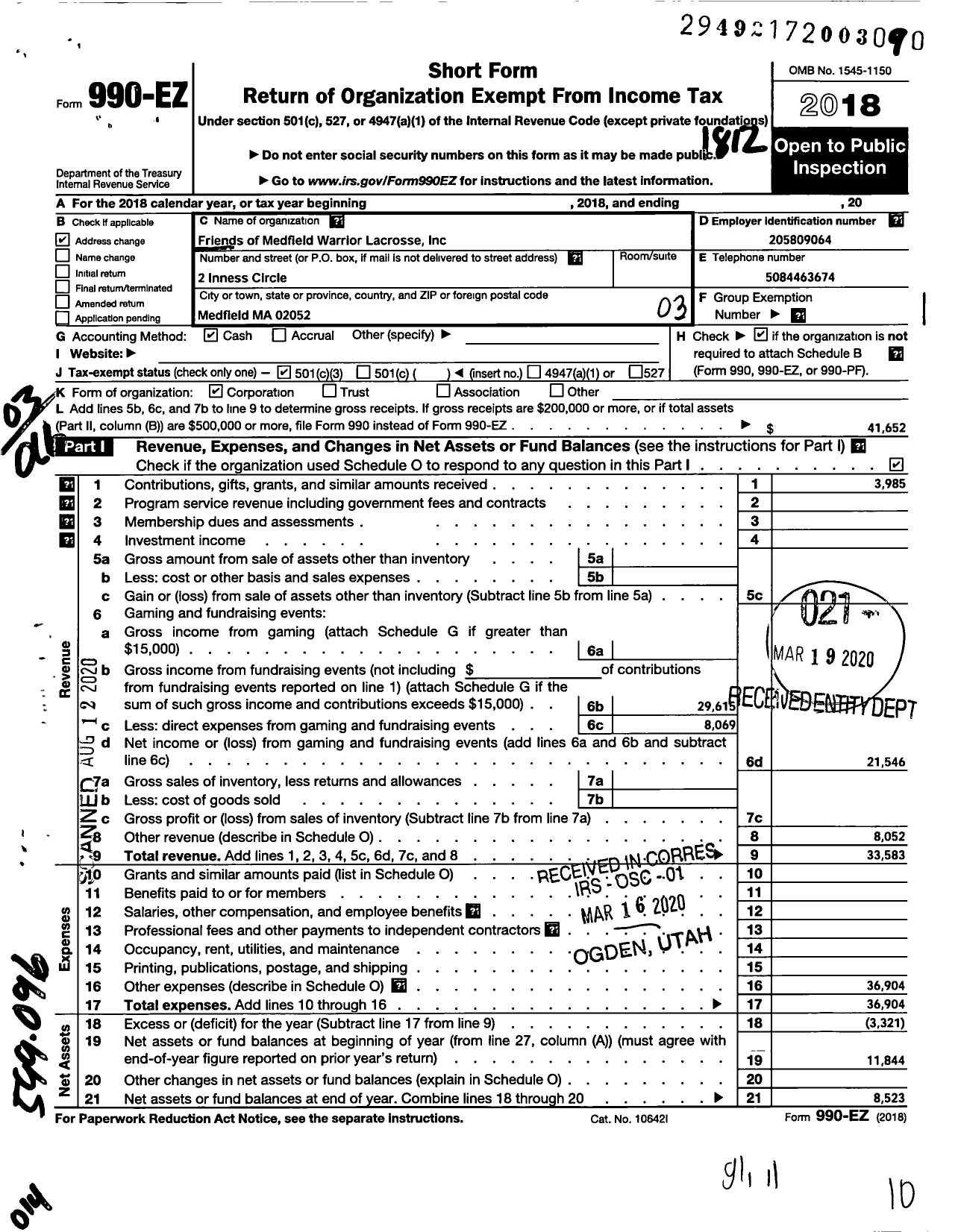 Image of first page of 2018 Form 990EZ for Friends of Medfield Warriors Lacrosse