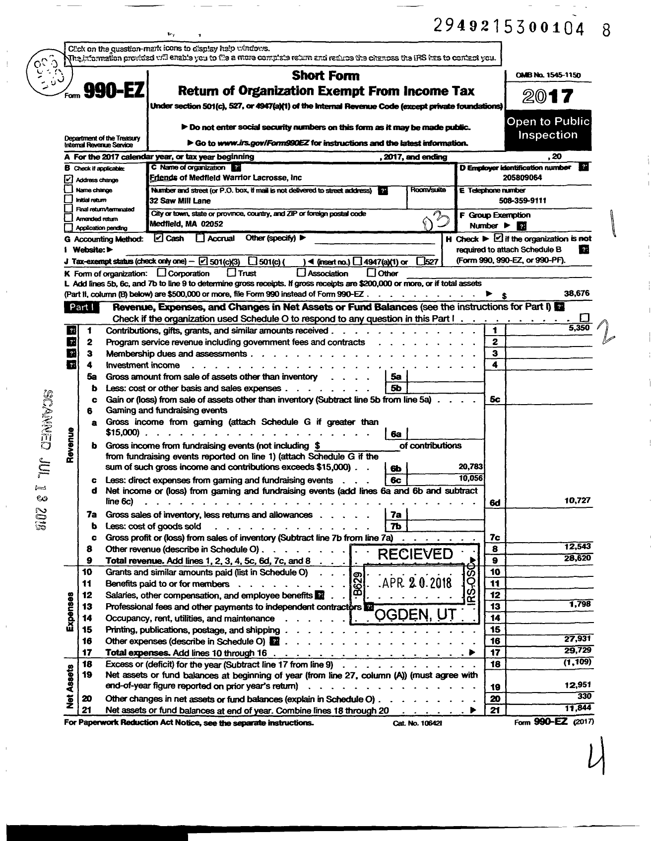 Image of first page of 2017 Form 990EZ for Friends of Medfield Warriors Lacrosse