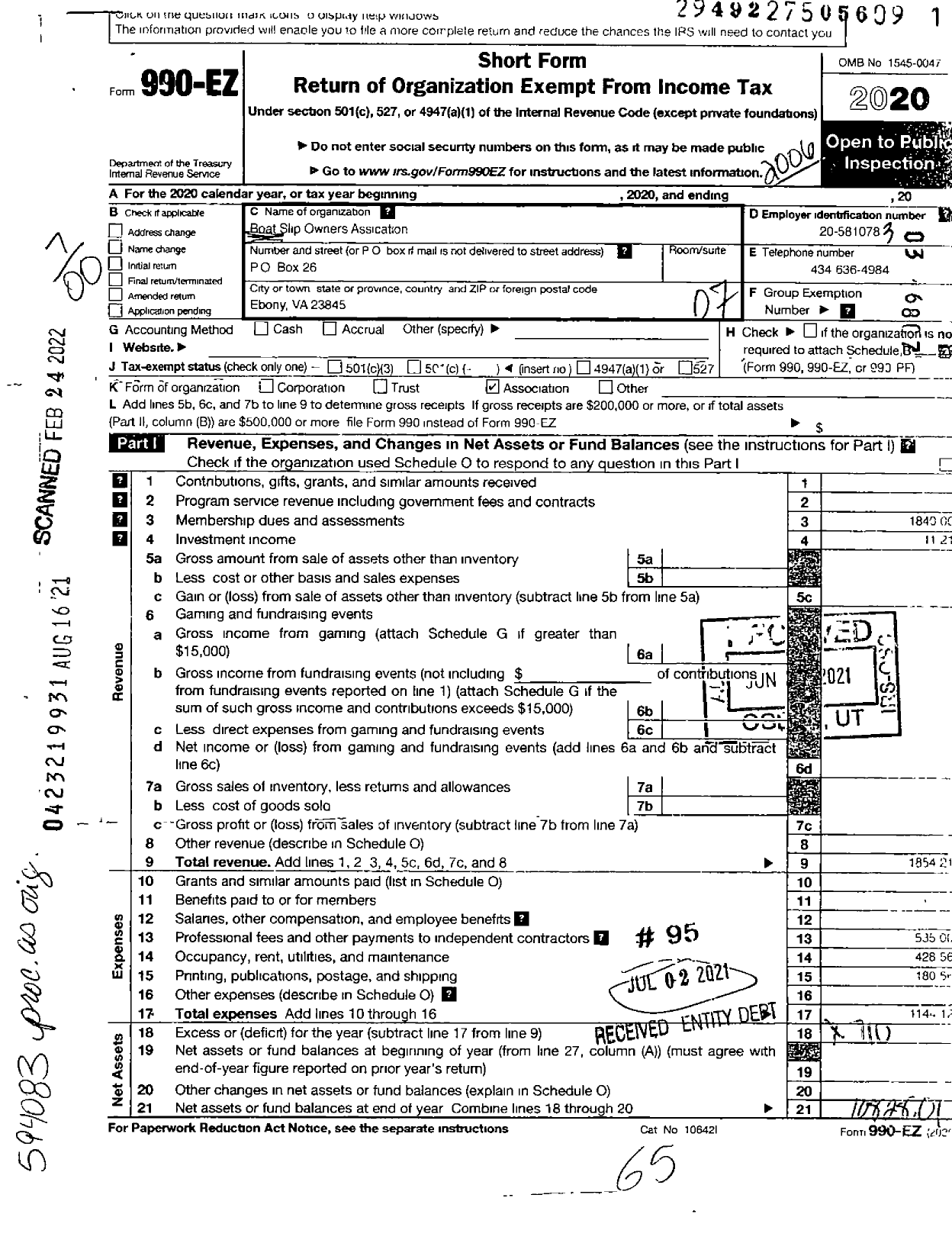 Image of first page of 2019 Form 990EO for Boat Slip Owners Association