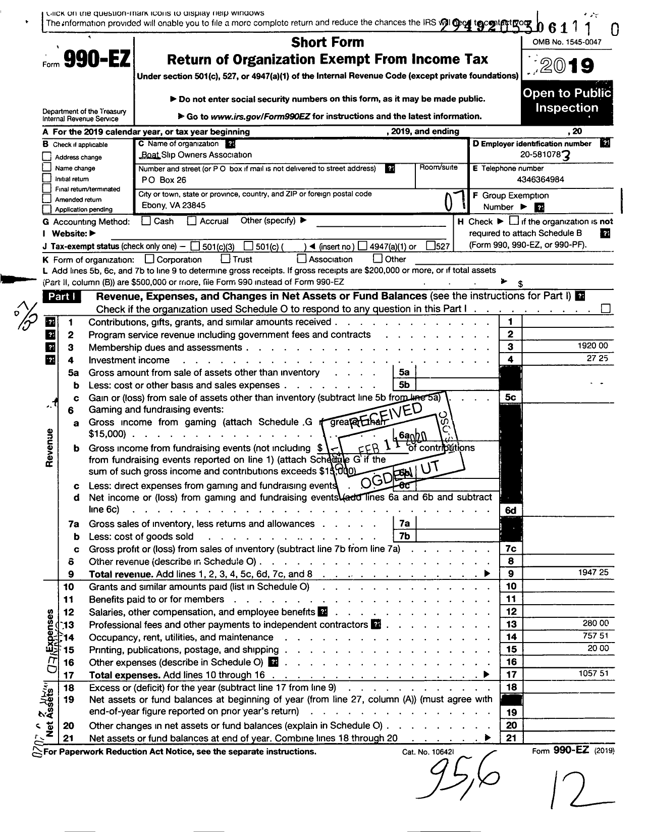 Image of first page of 2019 Form 990EO for Boat Slip Owners Association