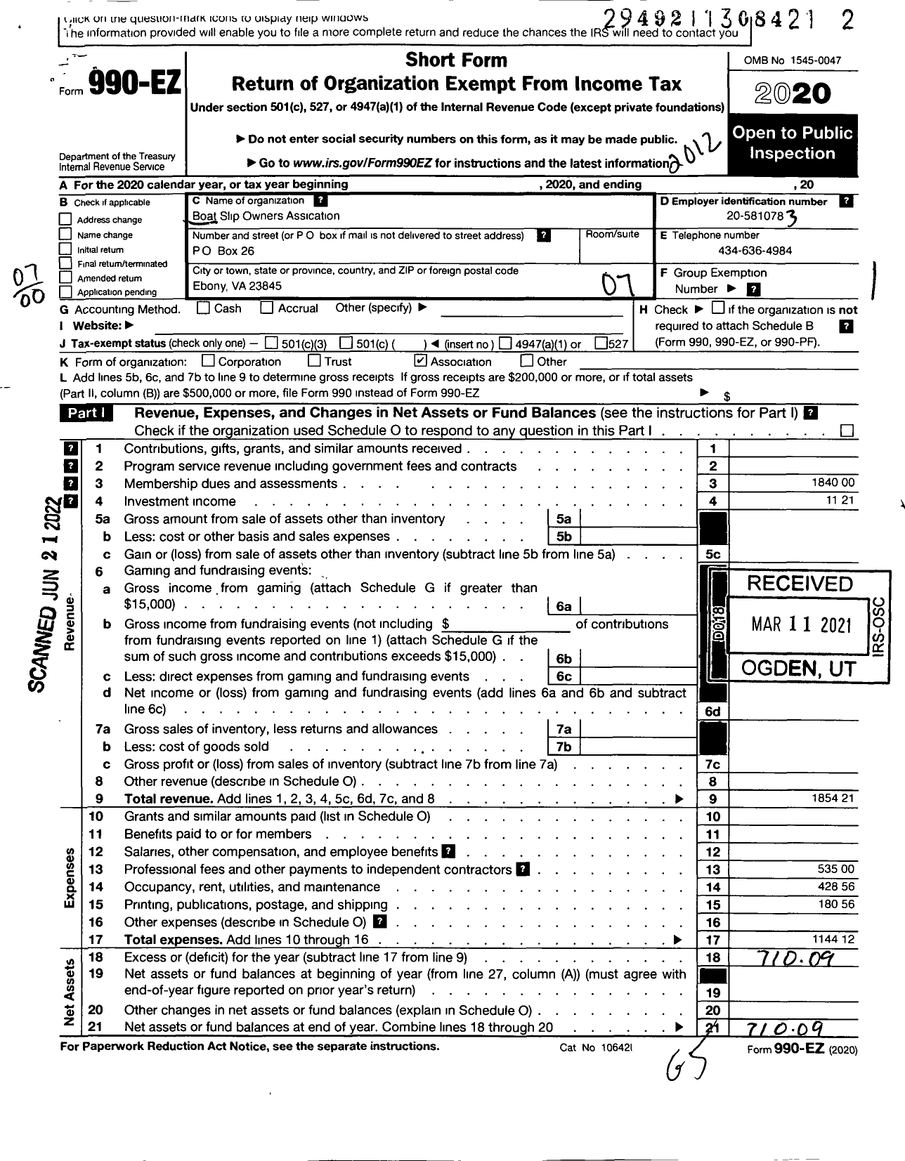 Image of first page of 2020 Form 990EO for Boat Slip Owners Association