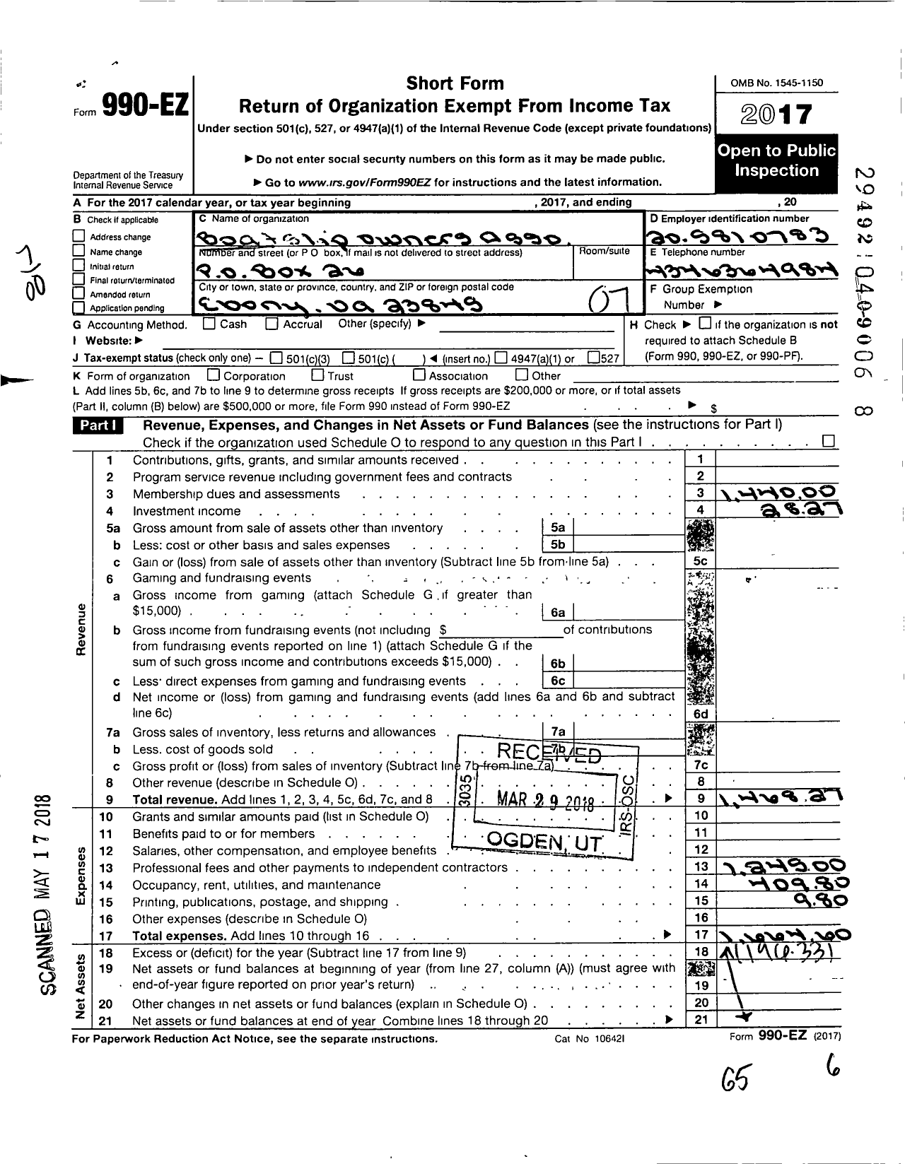 Image of first page of 2017 Form 990EO for Boat Slip Owners Association