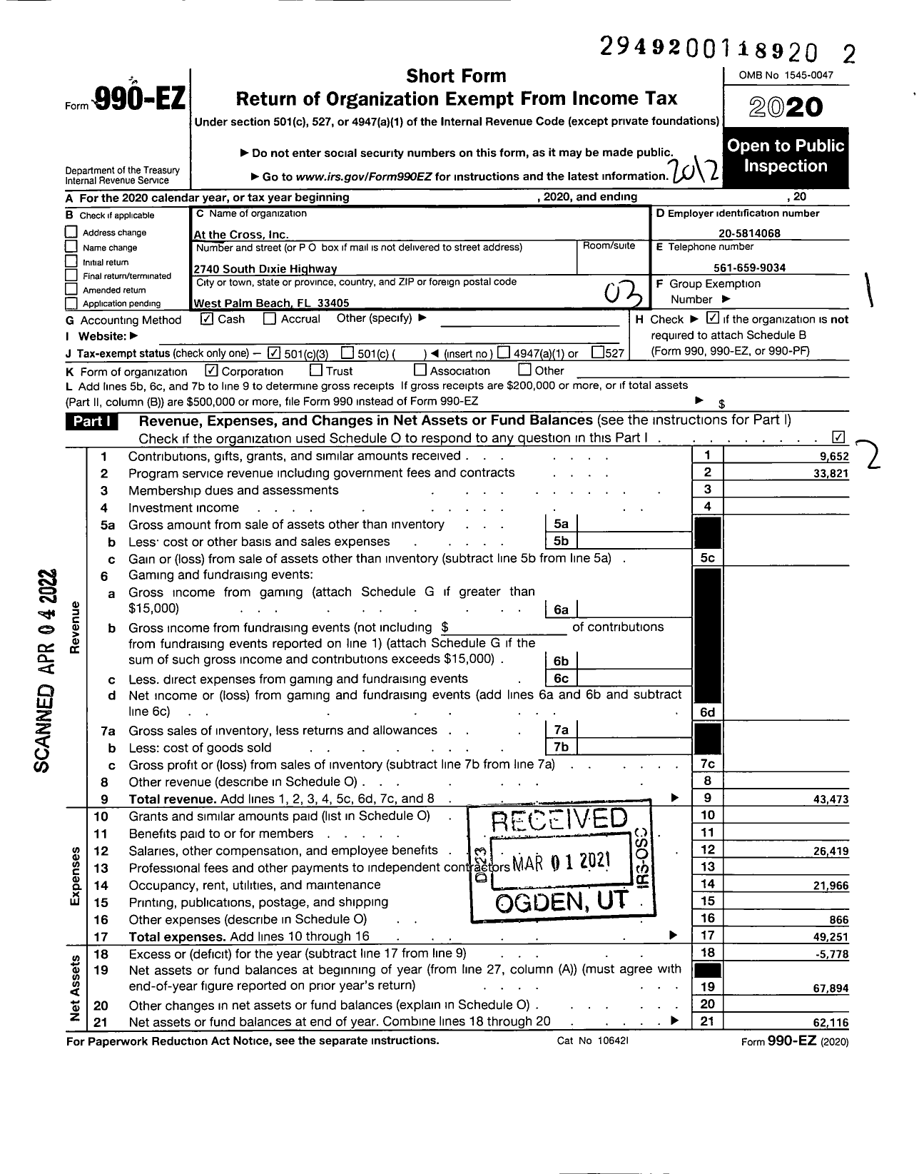 Image of first page of 2020 Form 990EZ for At the Cross