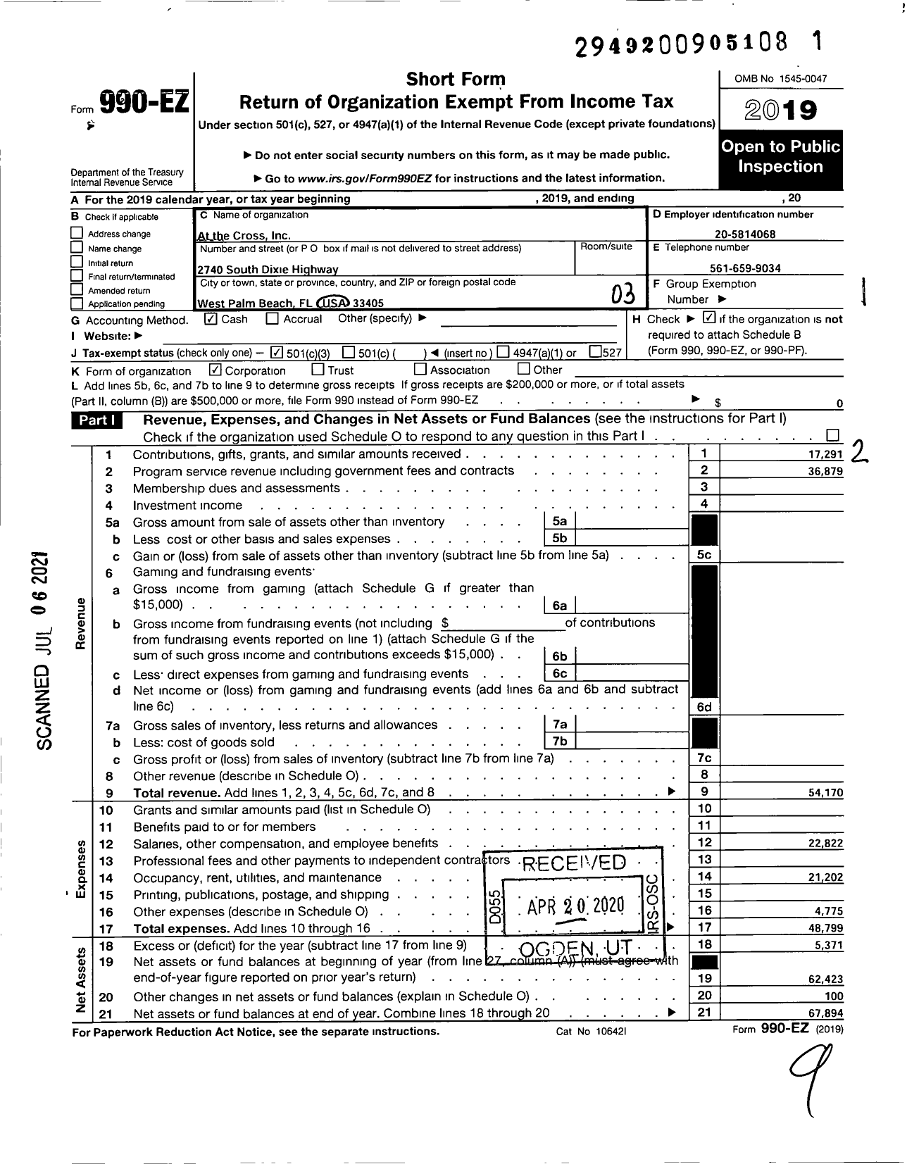 Image of first page of 2019 Form 990EZ for At the Cross