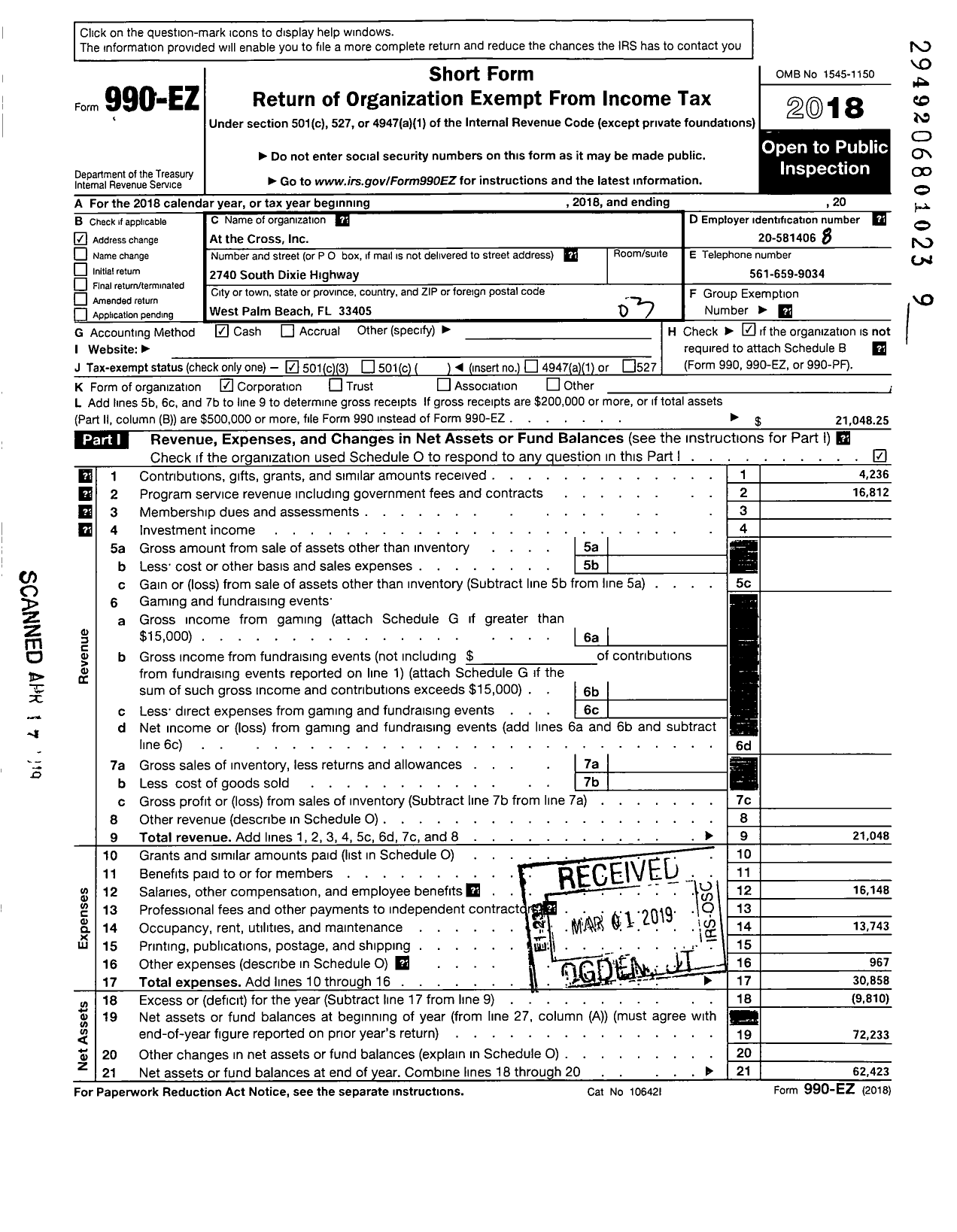 Image of first page of 2018 Form 990EZ for At the Cross