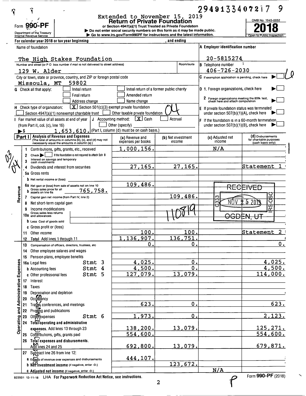 Image of first page of 2018 Form 990PF for The High Stakes Foundation