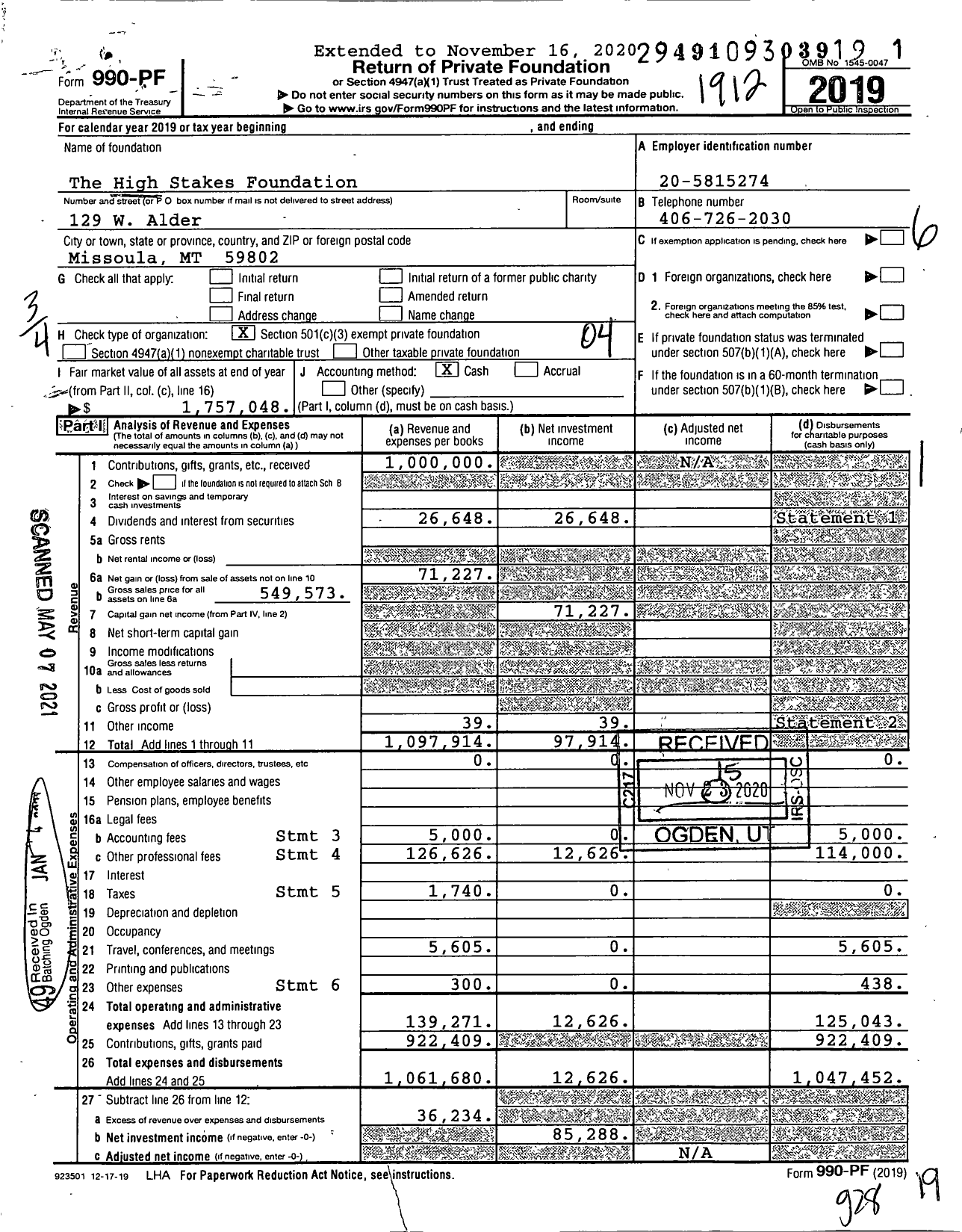 Image of first page of 2019 Form 990PF for The High Stakes Foundation
