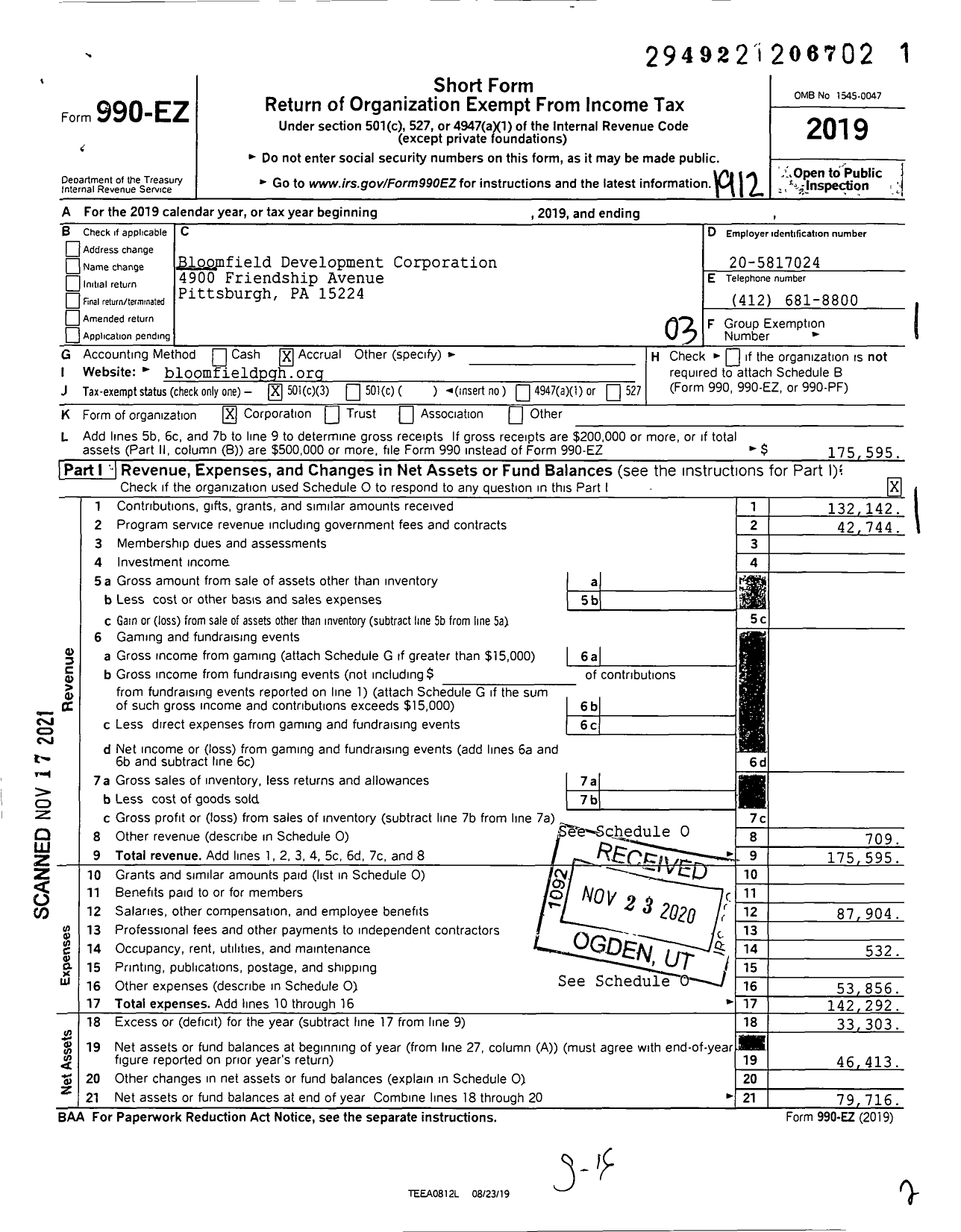 Image of first page of 2019 Form 990EZ for Bloomfield Development Corporation