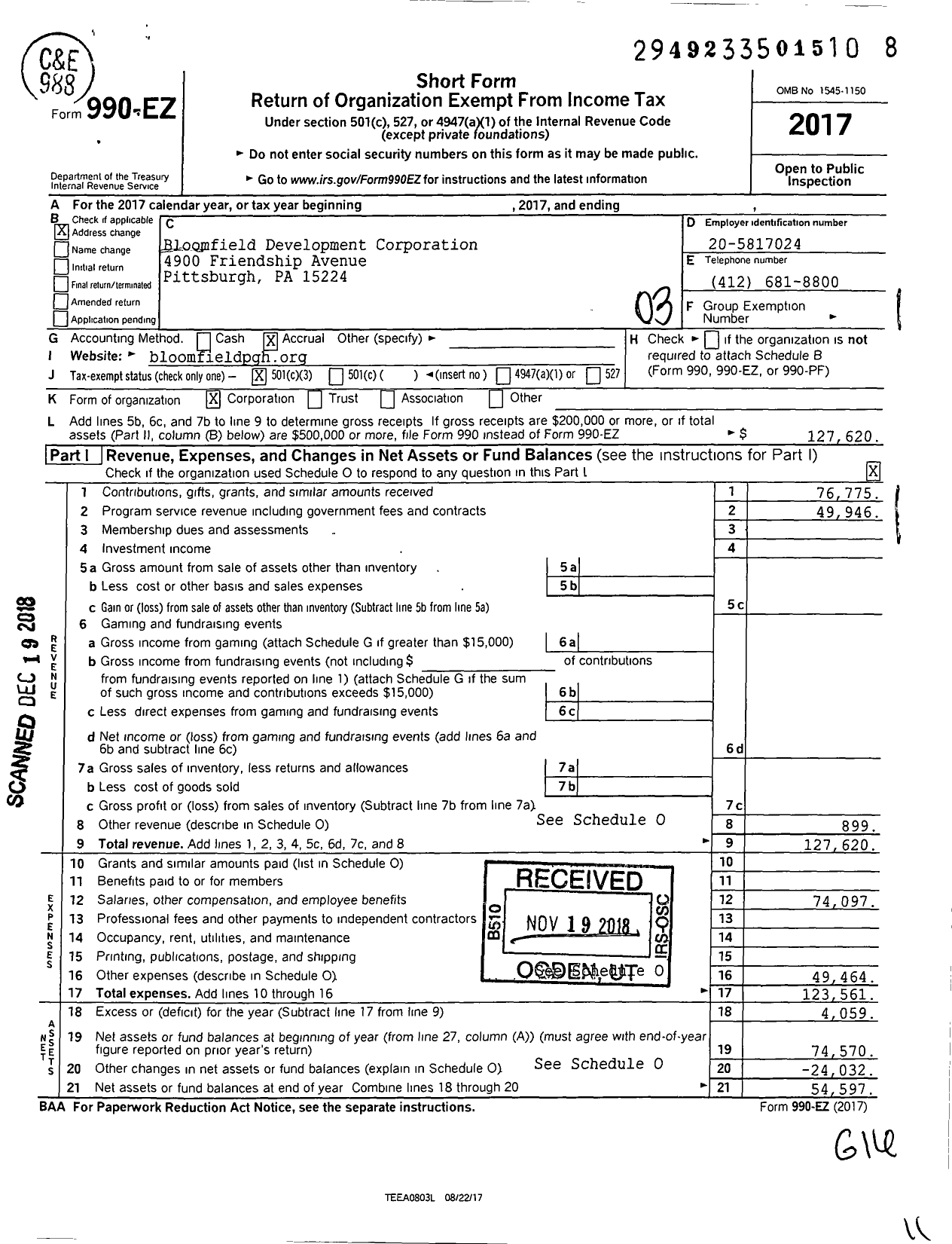 Image of first page of 2017 Form 990EZ for Bloomfield Development Corporation