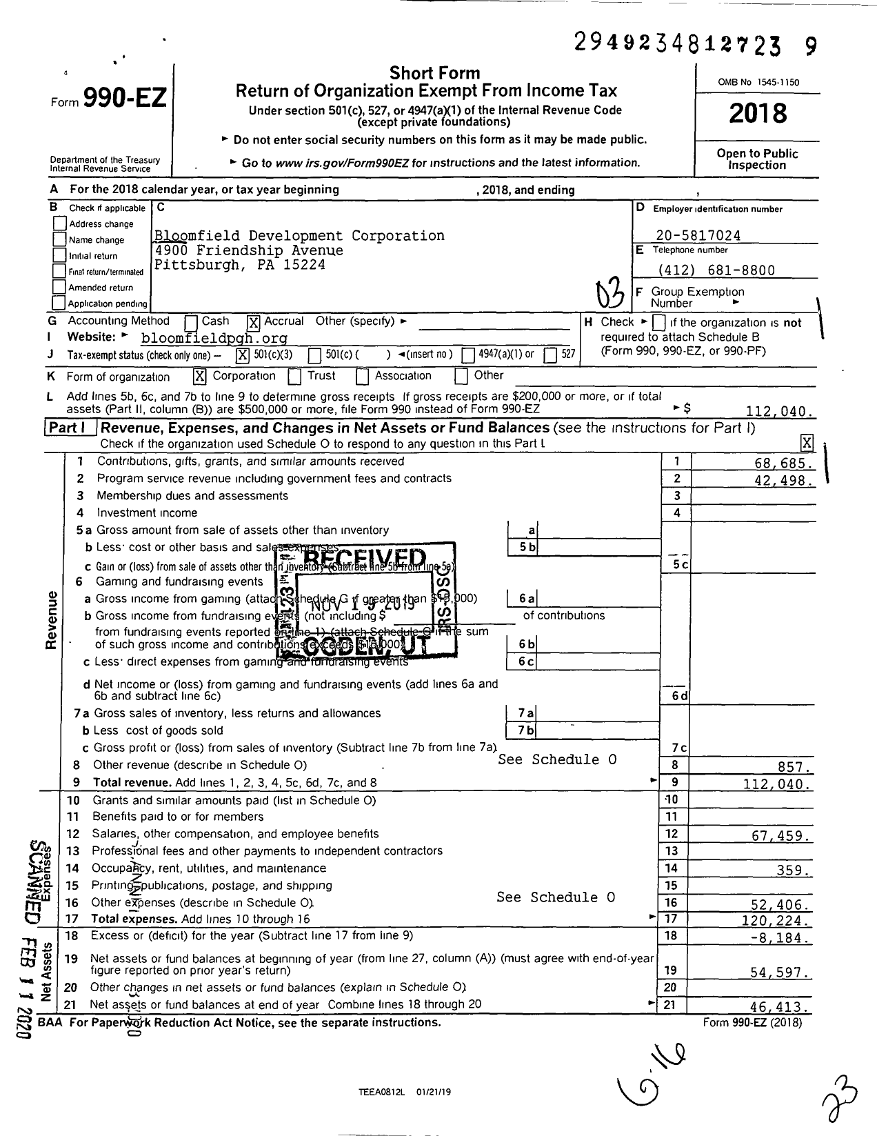 Image of first page of 2018 Form 990EZ for Bloomfield Development Corporation