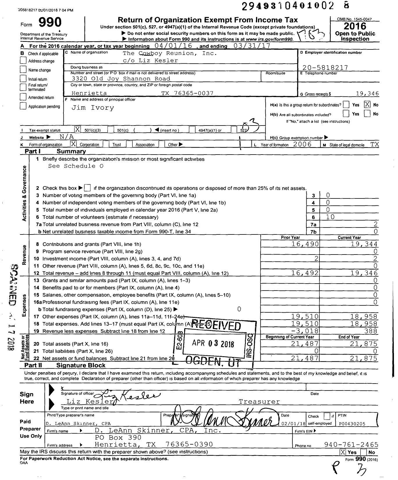 Image of first page of 2016 Form 990 for The Cowboy Reunion