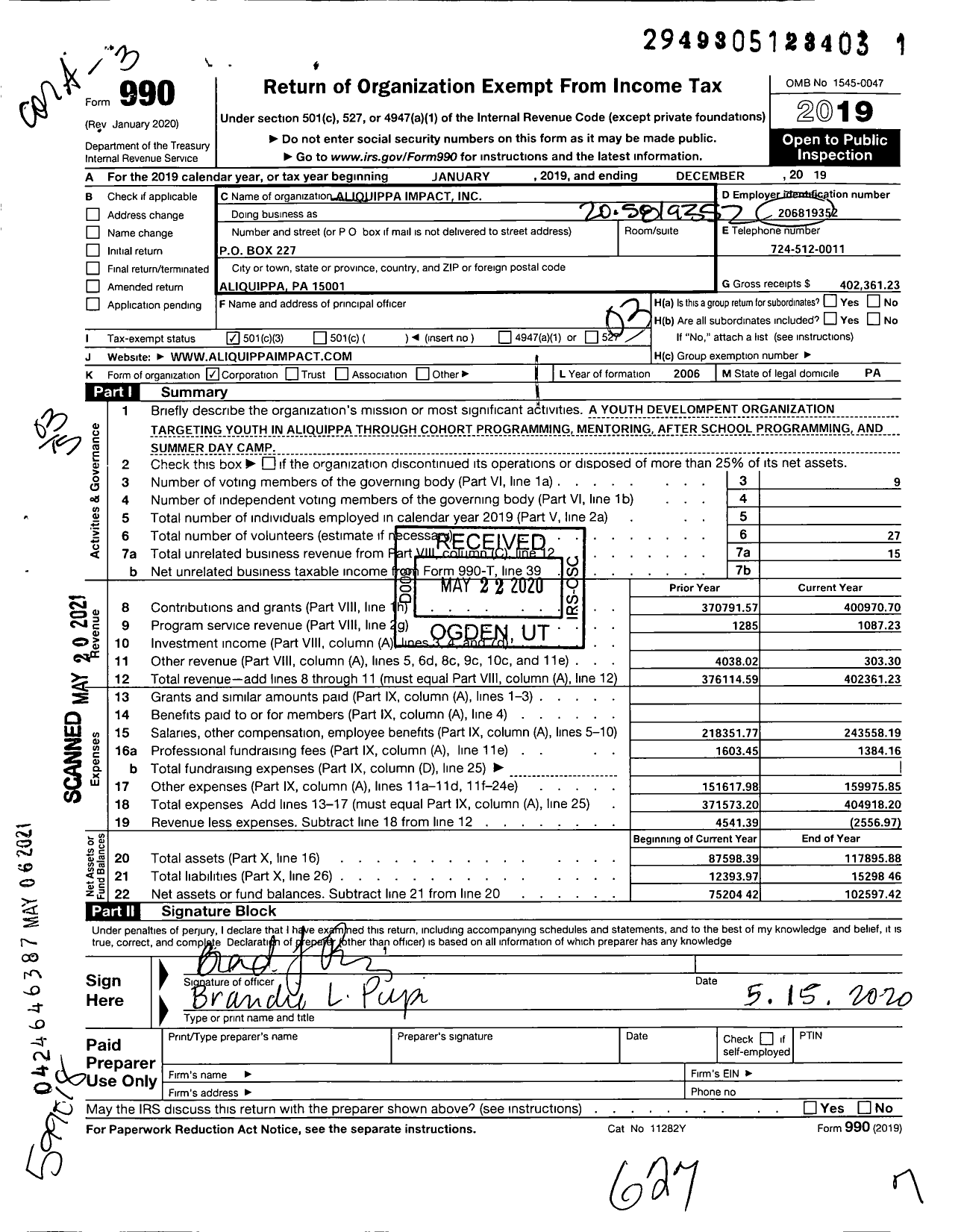 Image of first page of 2019 Form 990 for Aliquippa Impact