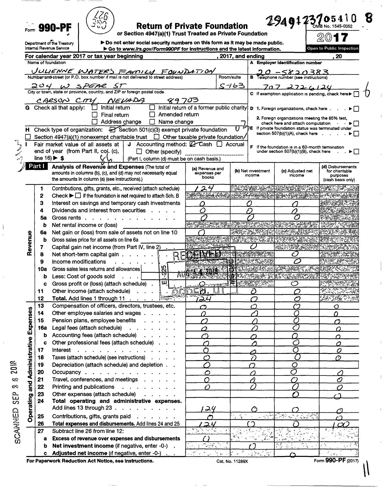 Image of first page of 2017 Form 990PF for Julienne Waters Family Foundation