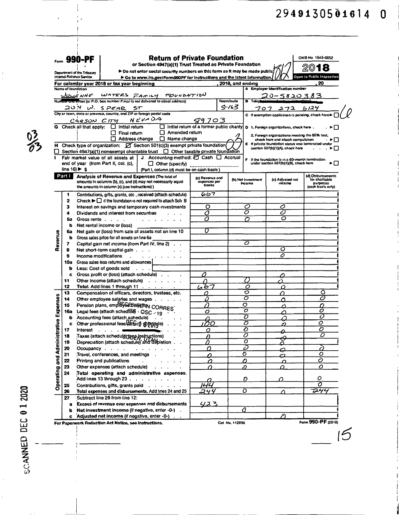 Image of first page of 2018 Form 990PF for Julienne Waters Family Foundation