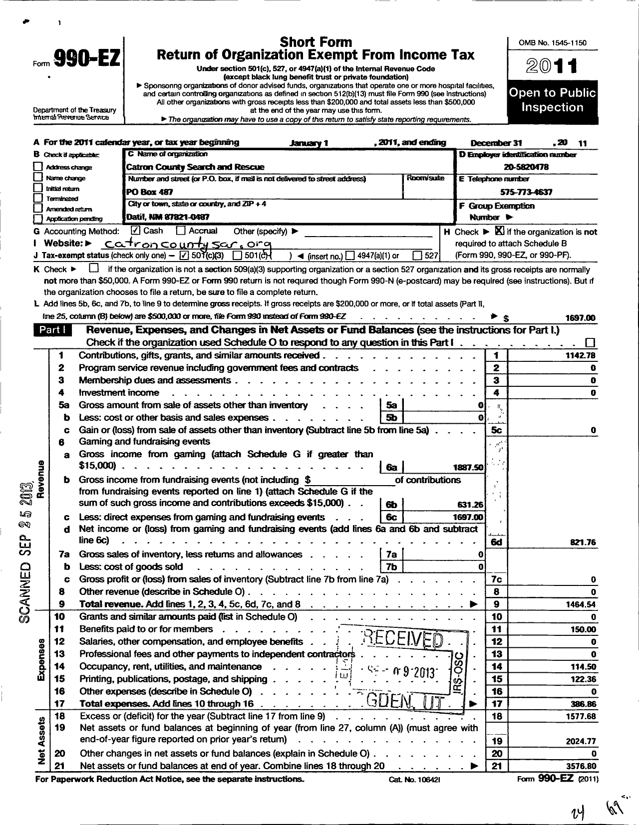 Image of first page of 2011 Form 990EZ for Catron County Search and Rescue