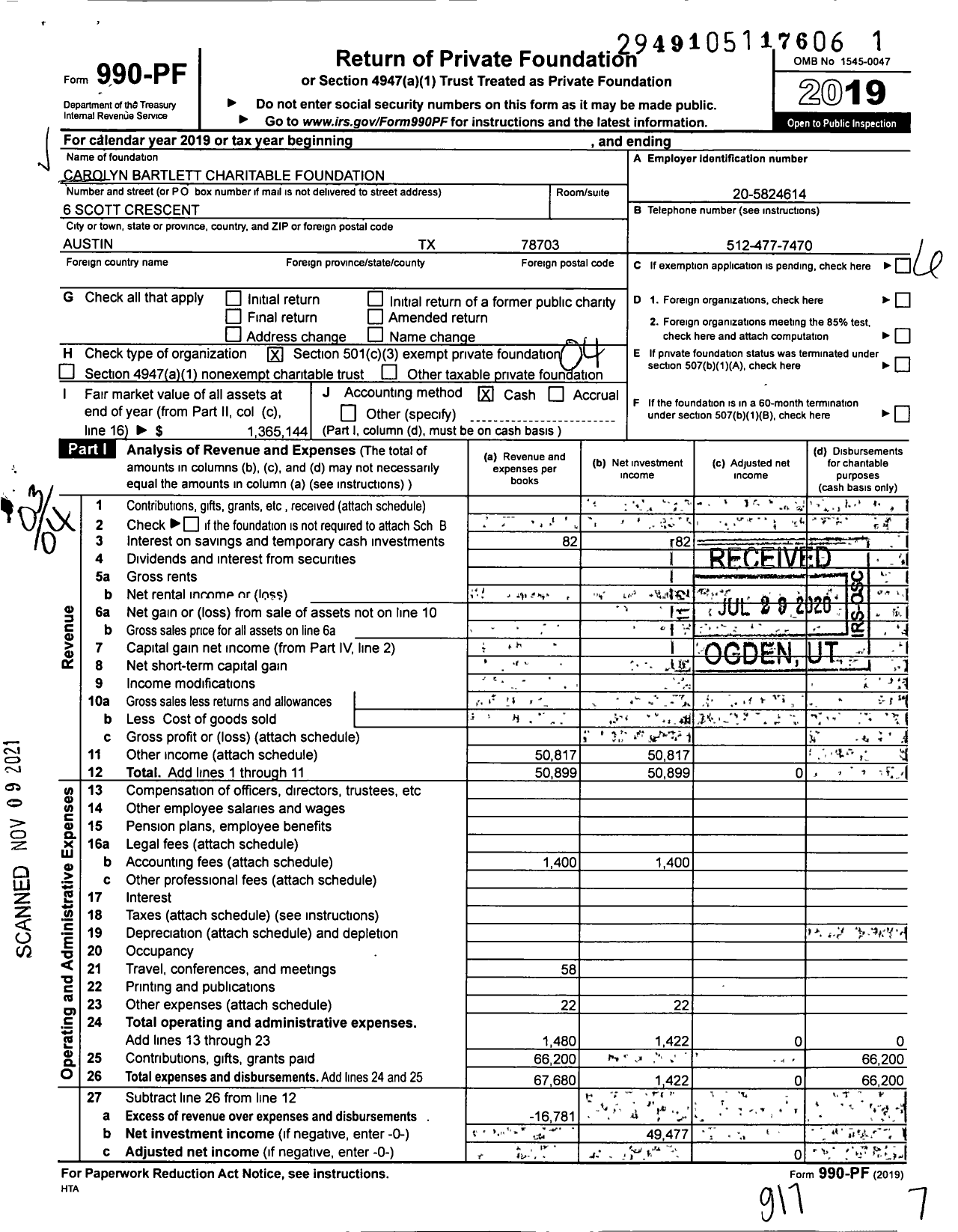 Image of first page of 2019 Form 990PF for Carolyn Bartlett Charitable Foundation