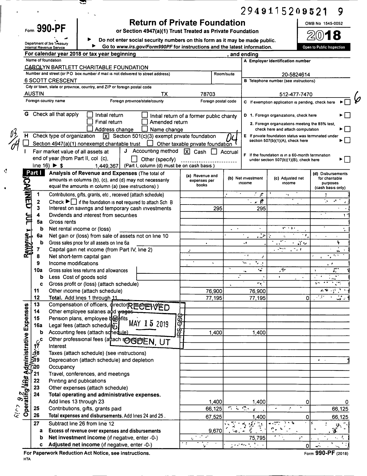 Image of first page of 2018 Form 990PF for Carolyn Bartlett Charitable Foundation