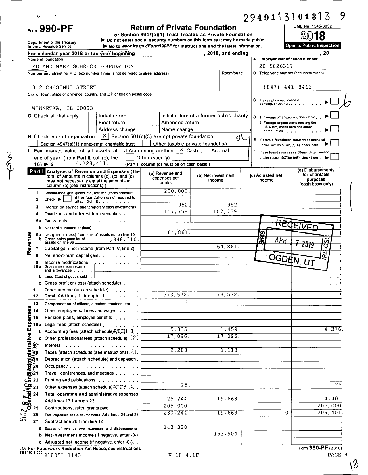 Image of first page of 2018 Form 990PF for Ed and Mary Schreck Foundation