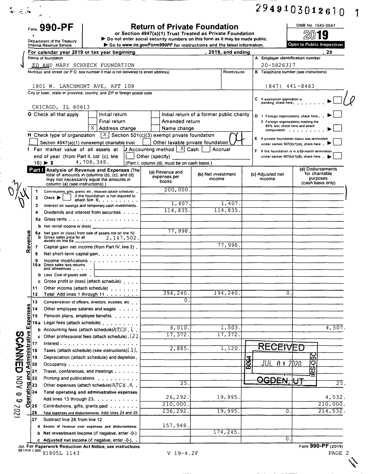 Image of first page of 2019 Form 990PF for Ed and Mary Schreck Foundation