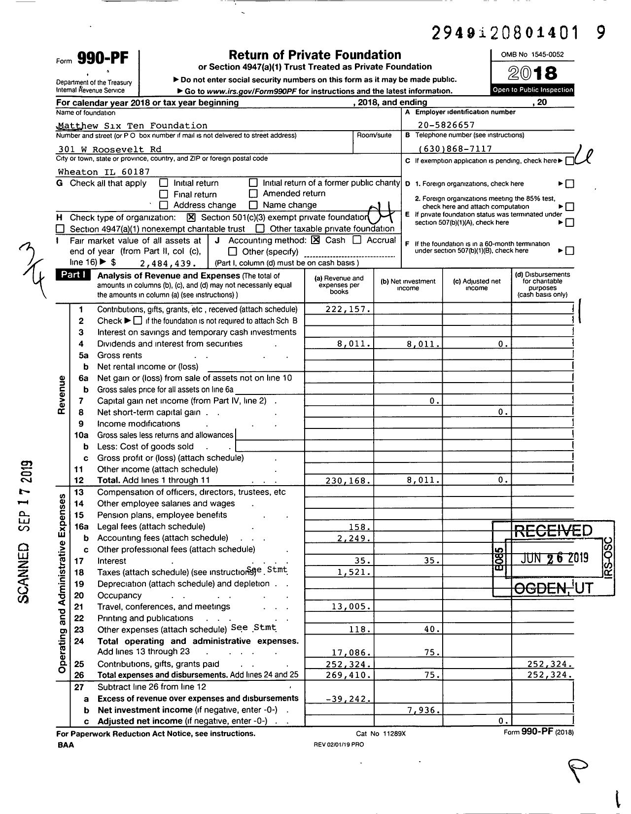 Image of first page of 2018 Form 990PF for Matthew Six Ten Foundation