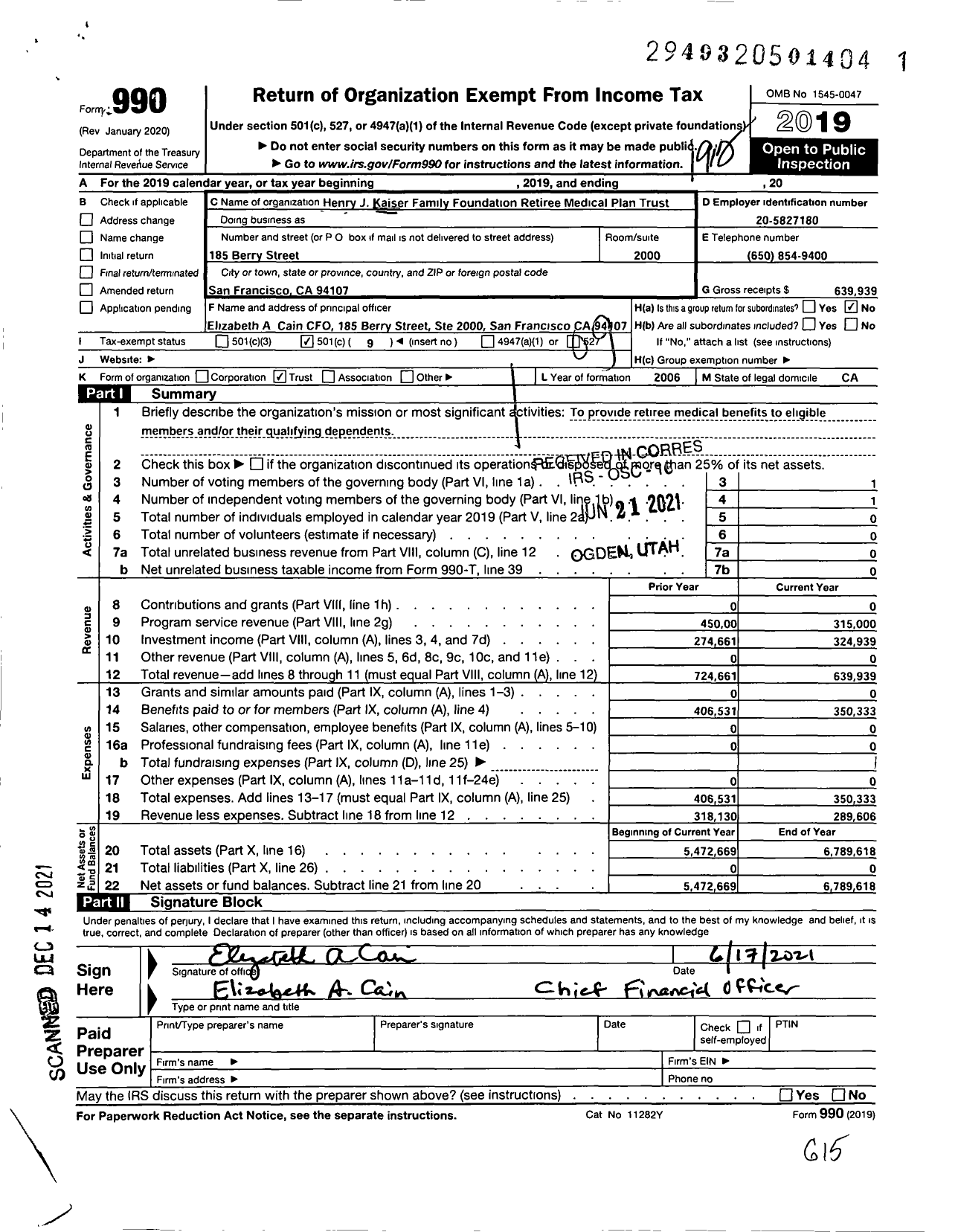 Image of first page of 2019 Form 990O for Henry J Kaiser Family Foundation Retiree Medical Plan Trust