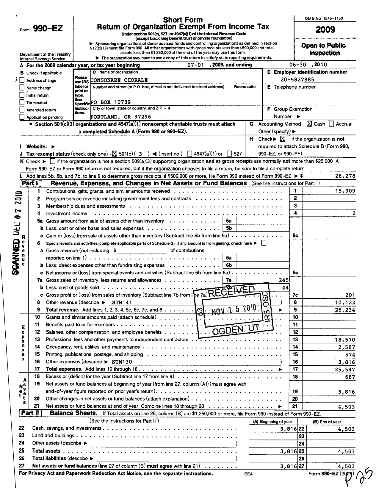 Image of first page of 2009 Form 990EZ for Consonare Chorale