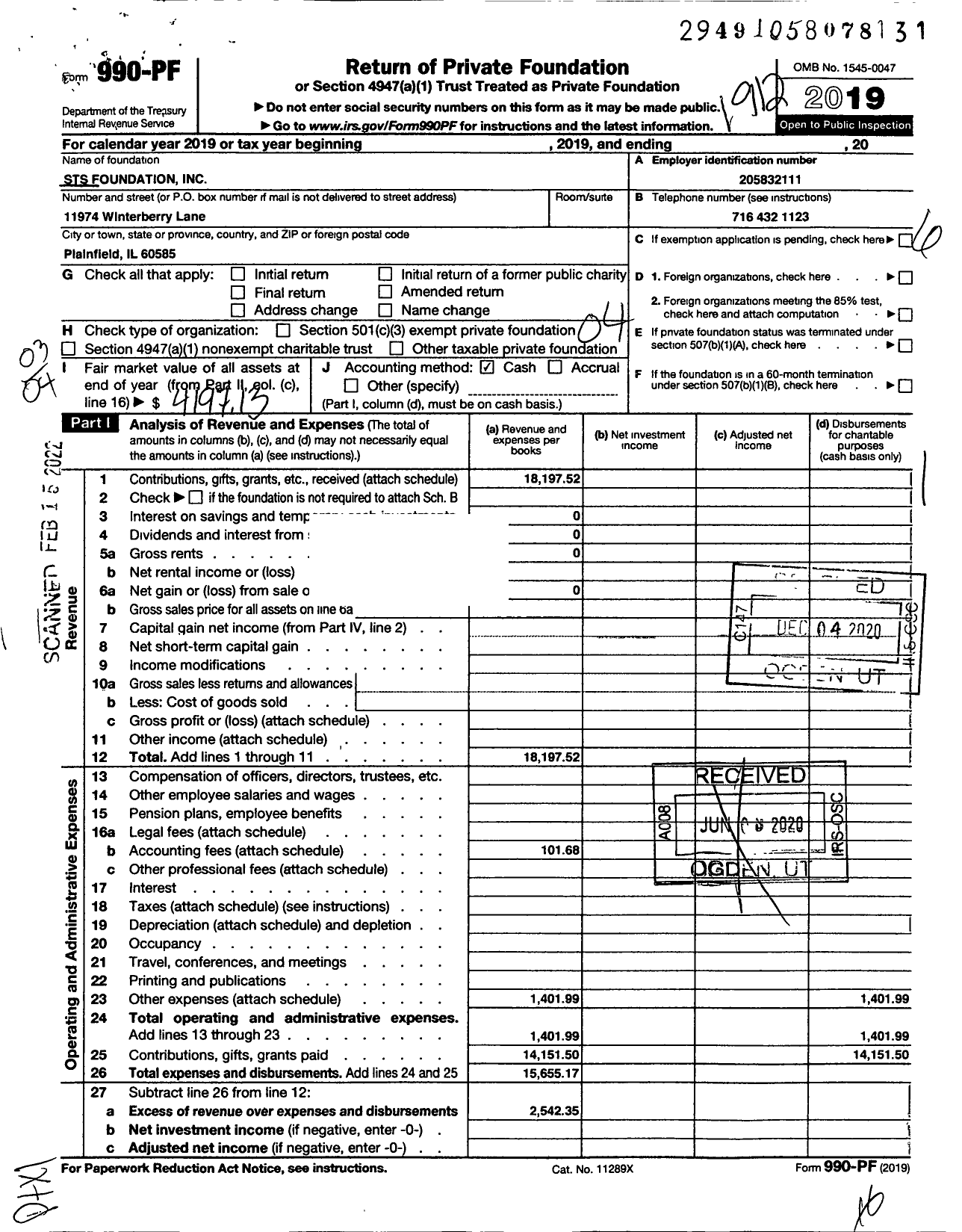 Image of first page of 2019 Form 990PF for STS Foundation