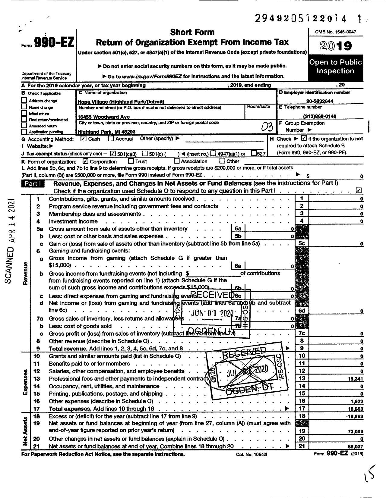 Image of first page of 2019 Form 990EZ for HOPE VILLAGE HIGHLAND Park DETROIT