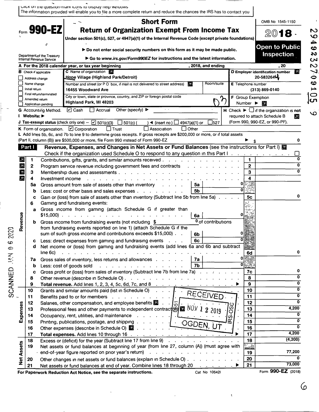 Image of first page of 2018 Form 990EZ for HOPE VILLAGE HIGHLAND Park DETROIT