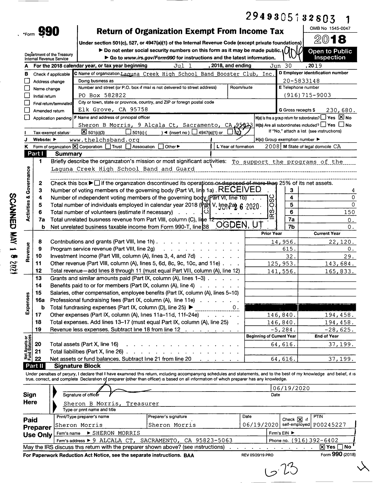 Image of first page of 2018 Form 990 for Laguna Creek High School Band Booster Club