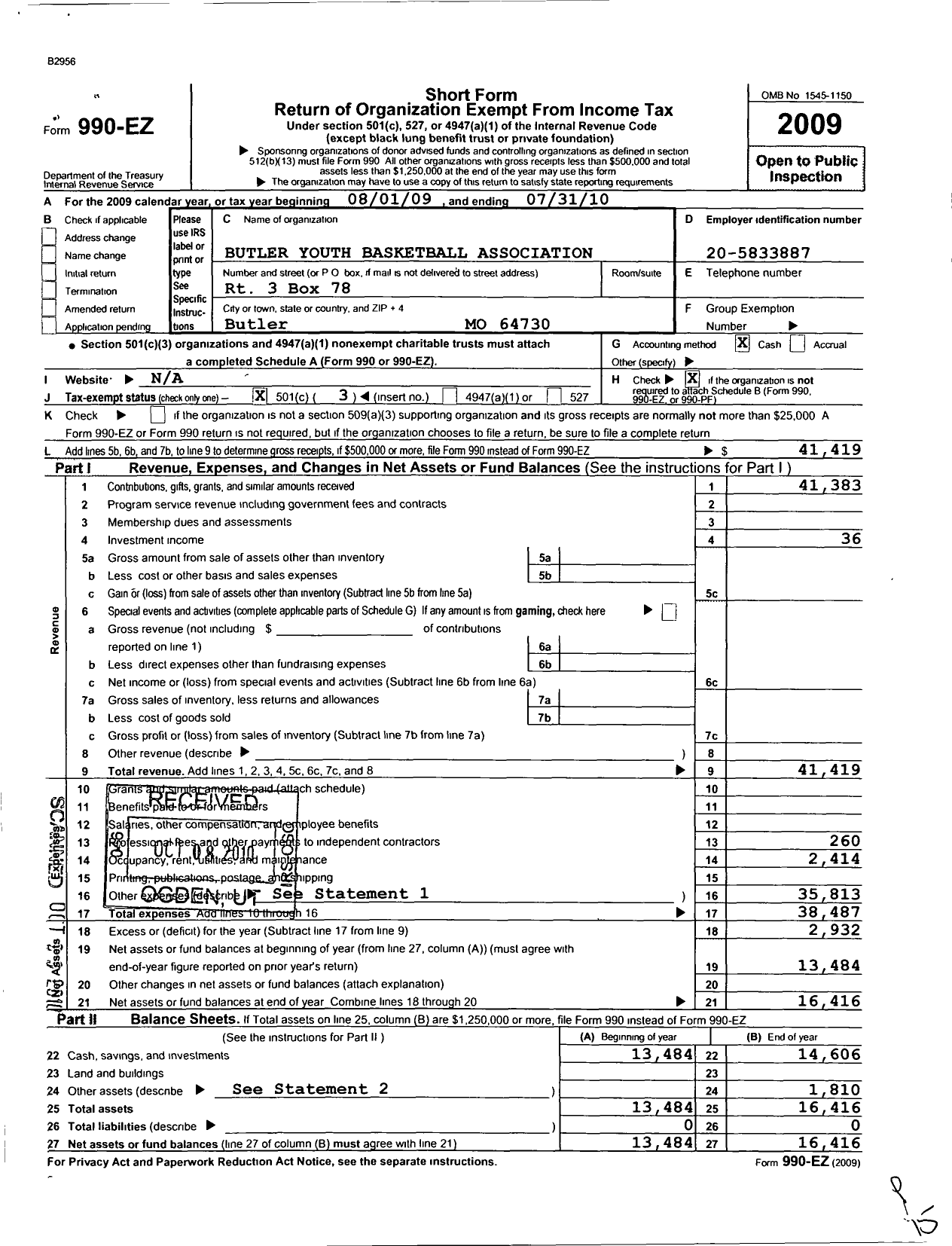 Image of first page of 2009 Form 990EZ for Butler Youth Basketball Association