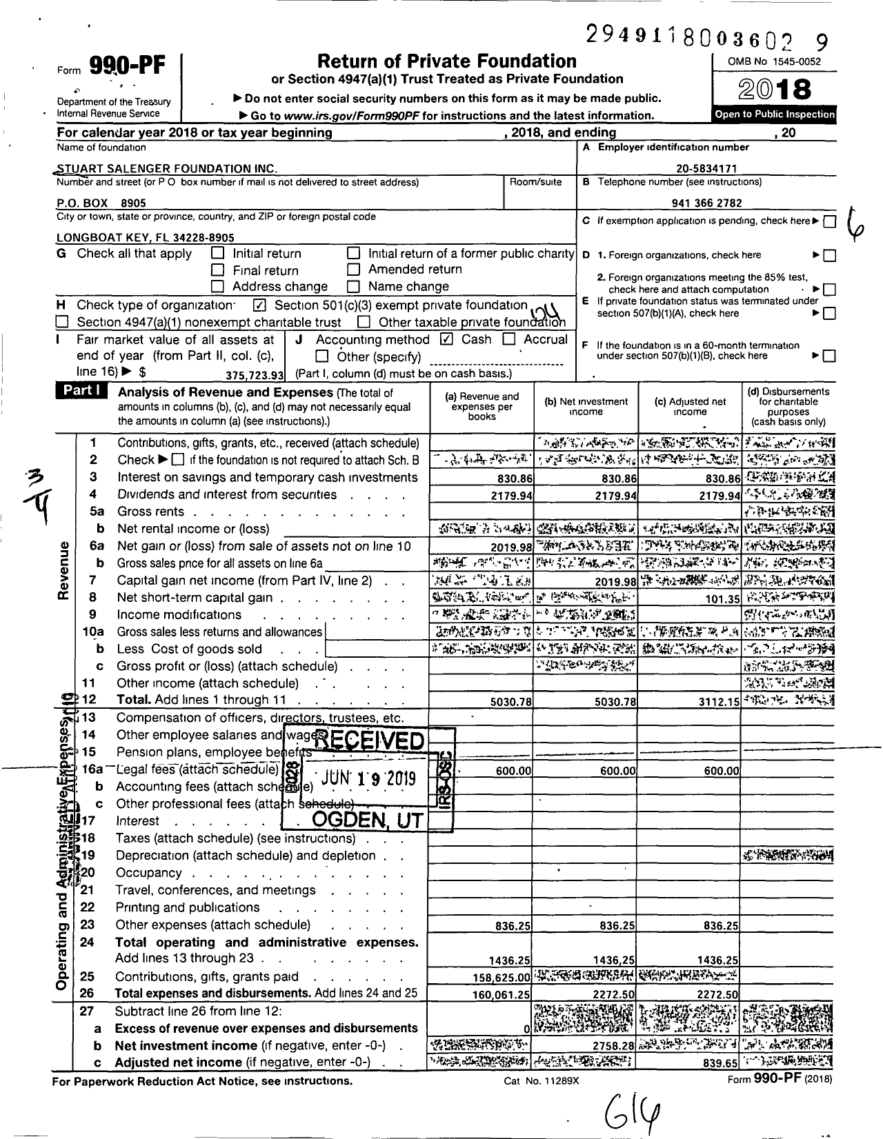 Image of first page of 2018 Form 990PF for Patricia and Stuart Salenger Foundation