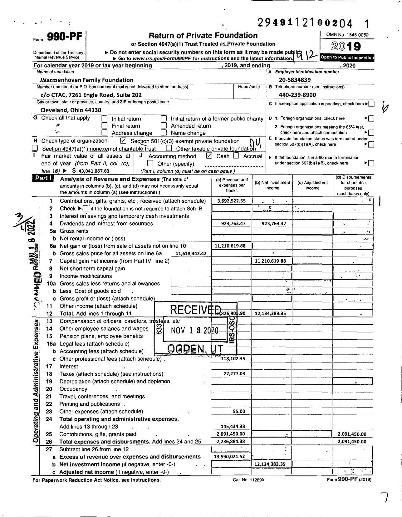 Image of first page of 2019 Form 990PF for Warmenhoven Family Foundation