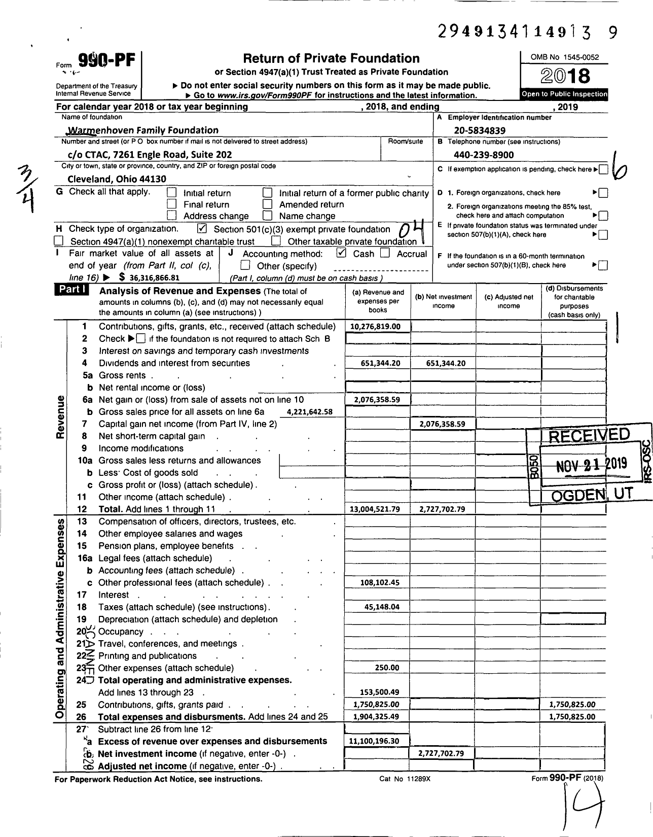 Image of first page of 2018 Form 990PF for Warmenhoven Family Foundation