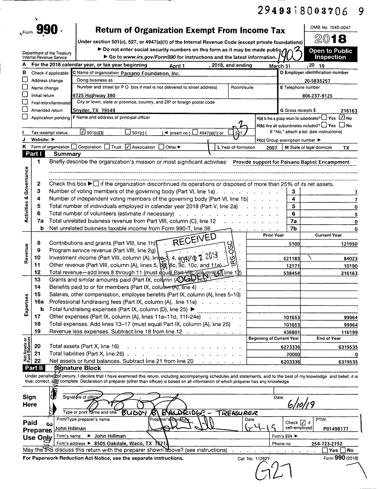 Image of first page of 2018 Form 990 for Paisano Foundation