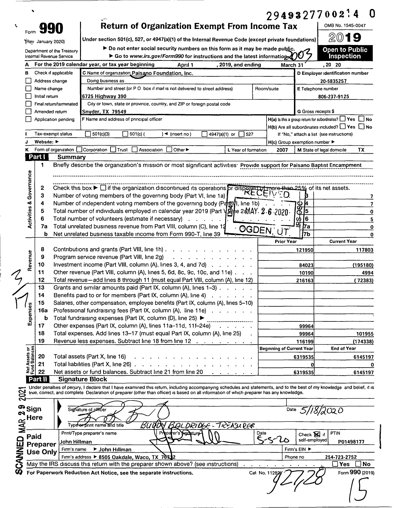 Image of first page of 2019 Form 990 for Paisano Foundation