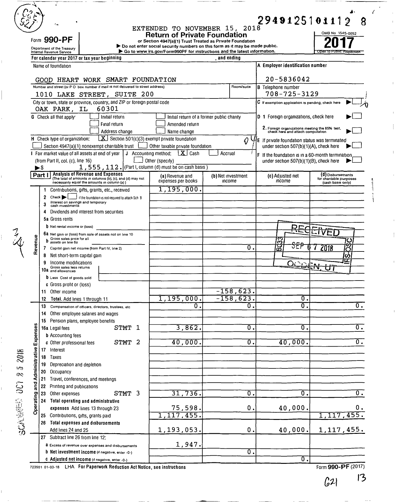 Image of first page of 2017 Form 990PF for Good Heart Work Smart Foundation