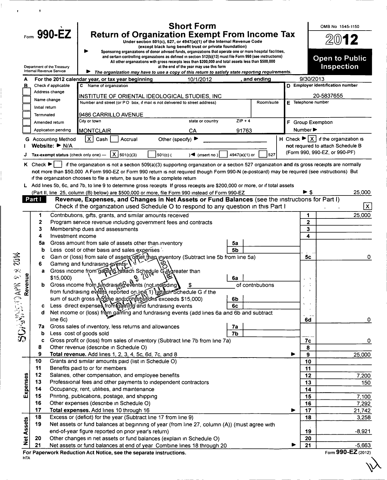 Image of first page of 2012 Form 990EZ for Institute of Oriental Ideological Studies