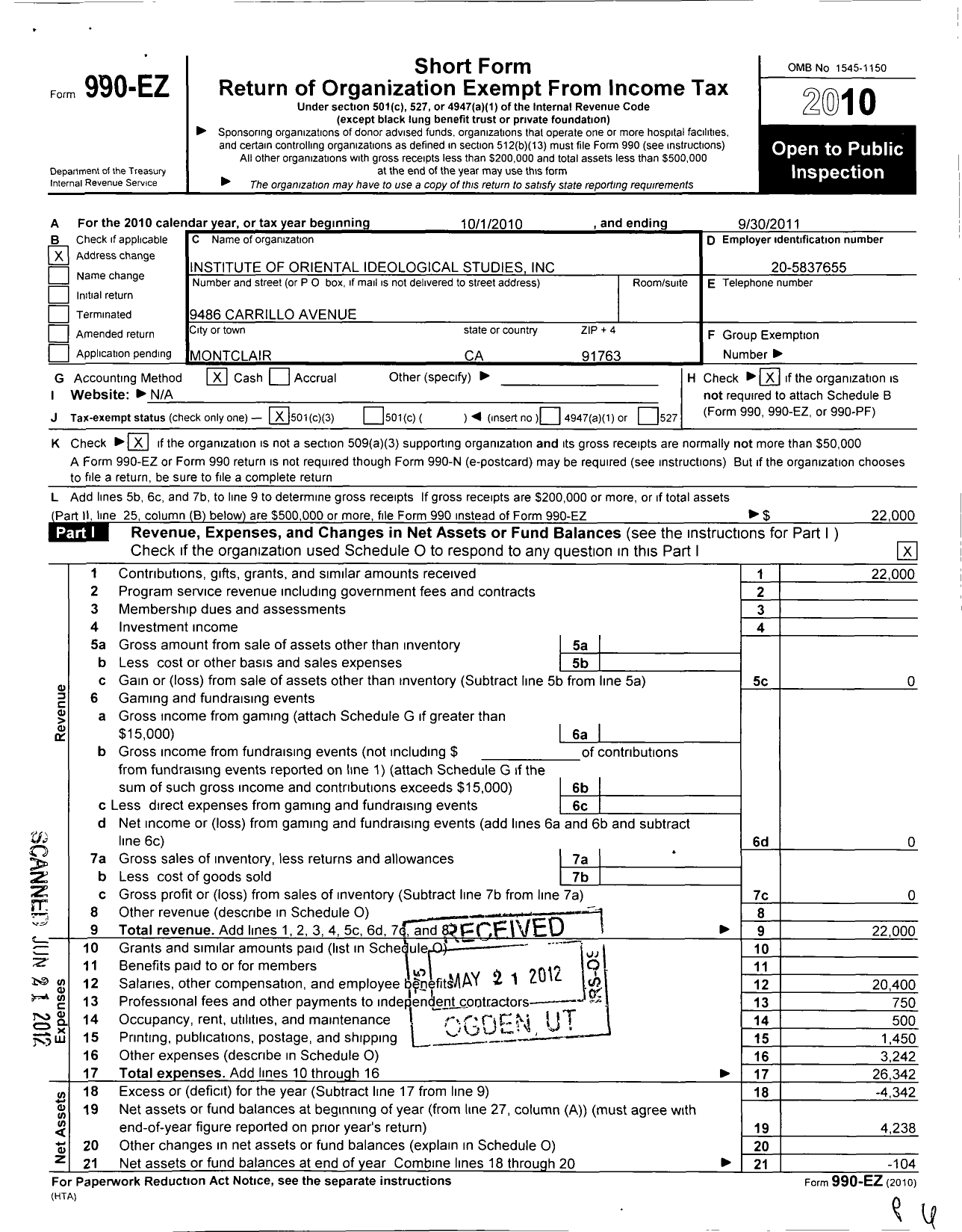 Image of first page of 2010 Form 990EZ for Institute of Oriental Ideological Studies