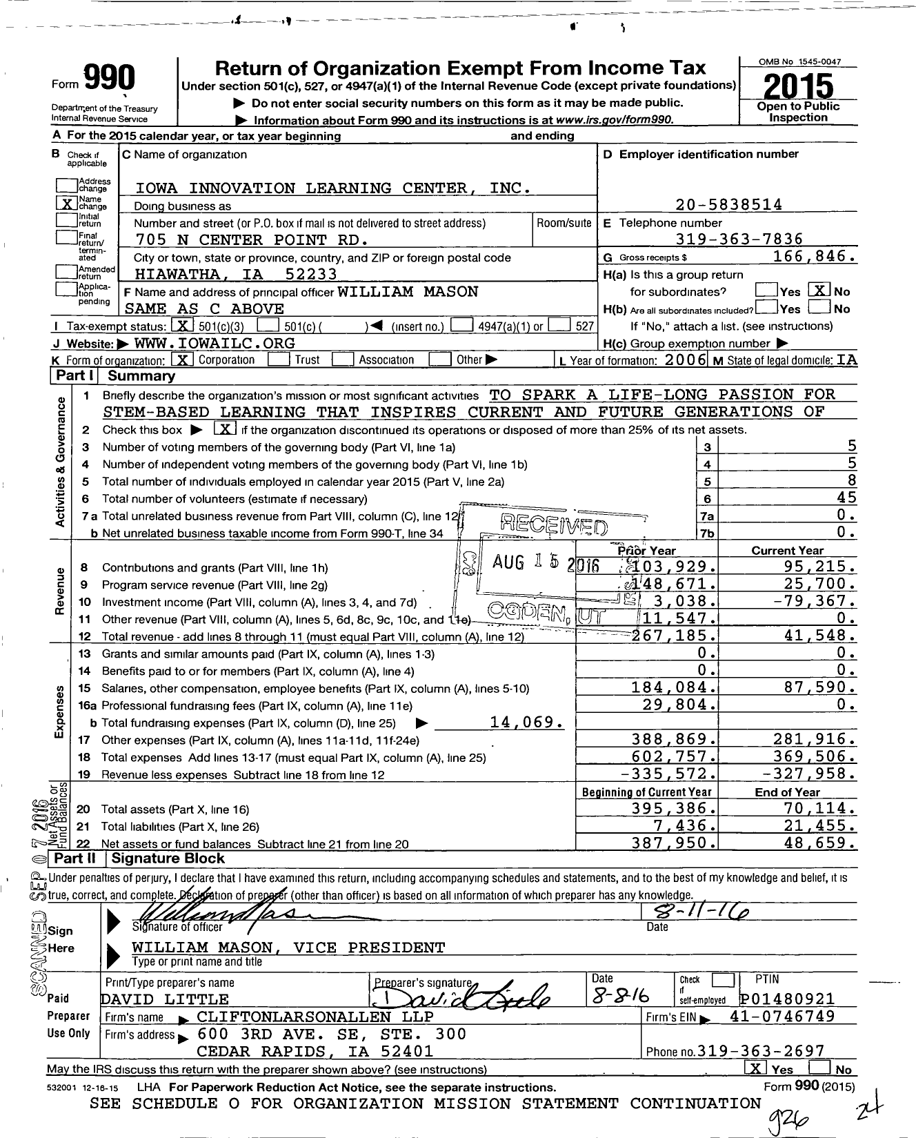 Image of first page of 2015 Form 990 for Iowa Innovation Learning Center