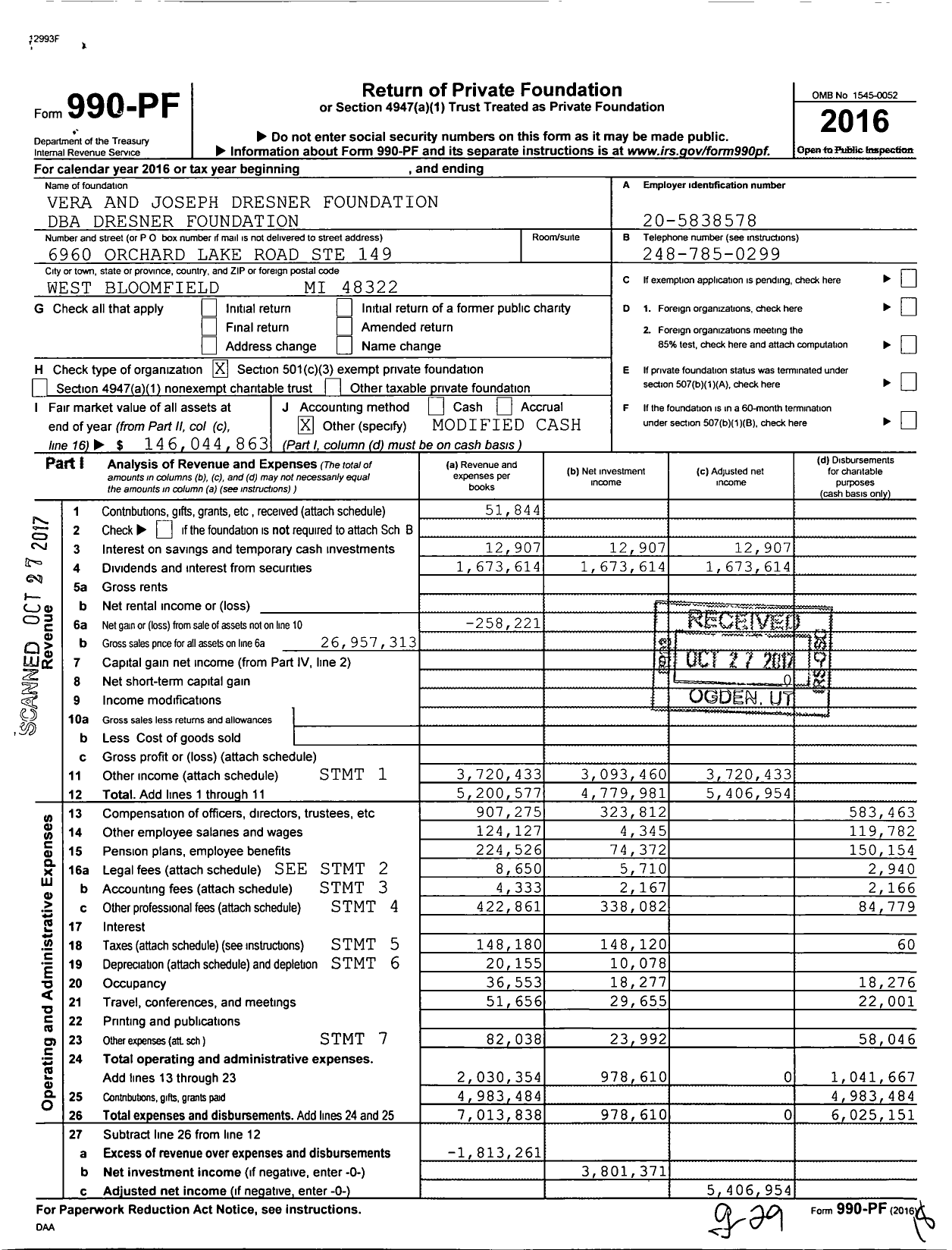 Image of first page of 2016 Form 990PF for Dresner Foundation