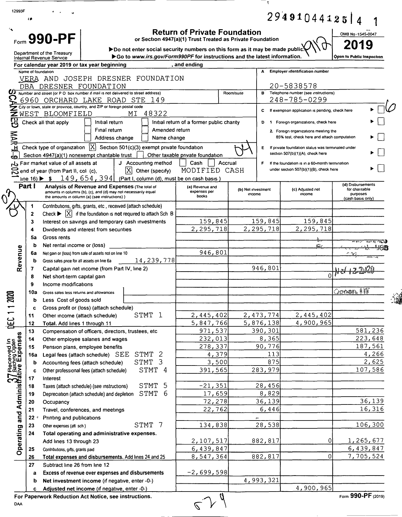 Image of first page of 2019 Form 990PF for Dresner Foundation