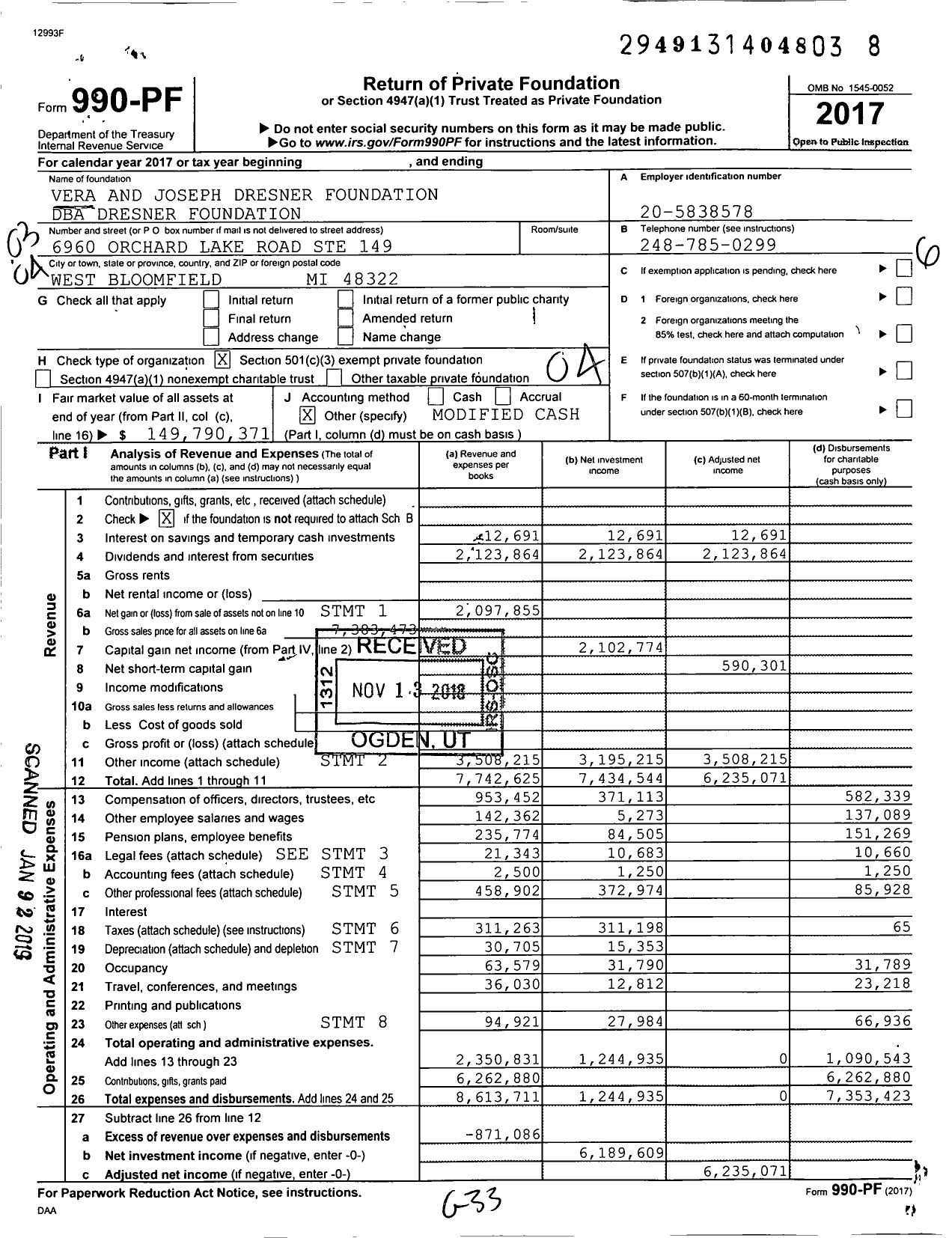 Image of first page of 2017 Form 990PF for Dresner Foundation