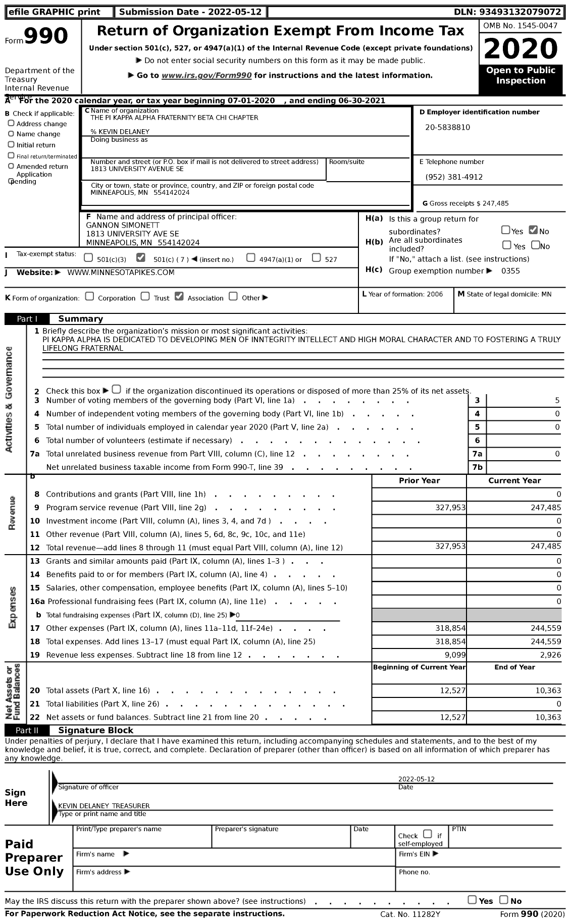 Image of first page of 2020 Form 990 for Pi Kappa Alpha Fraternity - Beta Chi Chapter